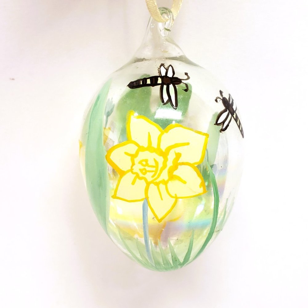 Hand Blown Clear Glass Painted Easter Egg Ornament Daffodils Bees Flowers 3"